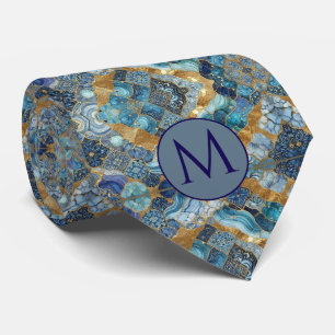 Monogram Faux Silk Neck Tie Blue + Gold Marble