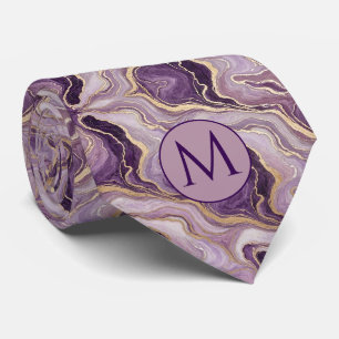 Monogram Faux Silk Neck Tie Purple + Gold Marble