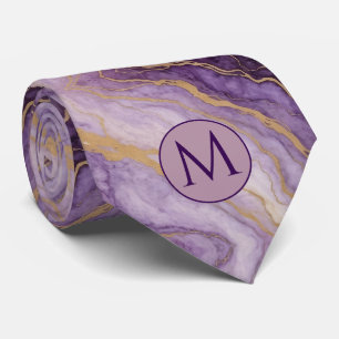 Monogram Faux Silk Neck Tie Purple + Gold Marble