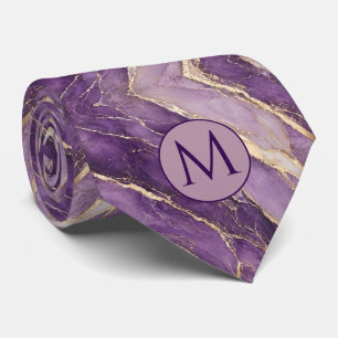 Monogram Faux Silk Neck Tie Purple + Gold Marble