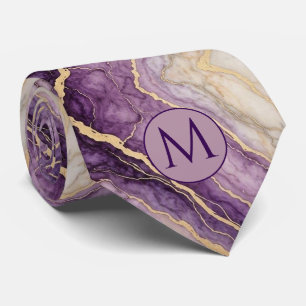 Monogram Faux Silk Neck Tie Purple + Gold Marble
