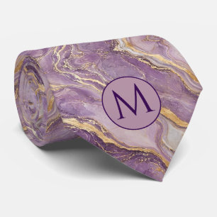 Monogram Faux Silk Neck Tie Purple + Gold Marble