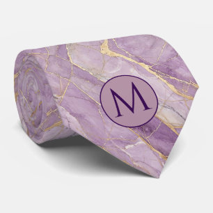 Monogram Faux Silk Neck Tie Purple + Gold Marble