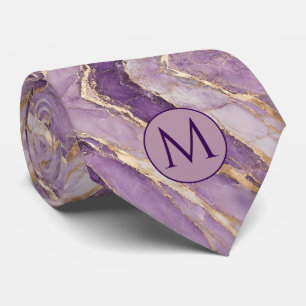Monogram Faux Silk Neck Tie Purple + Gold Marble