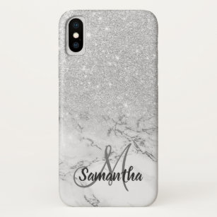 Monogram faux silver glitter ombre white marble iPhone XS case