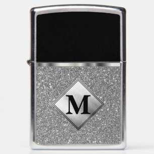 Monogram Faux Silver Glitter with Black Zippo Lighter