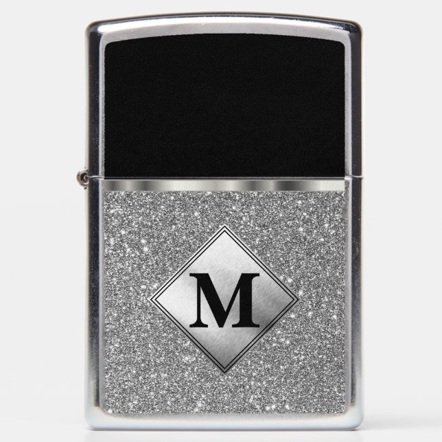 Monogram Faux Silver Glitter with Black Zippo Lighter (Front)