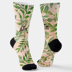 Monogram Faux Tan Wood with Abstract Foliage Crew Socks