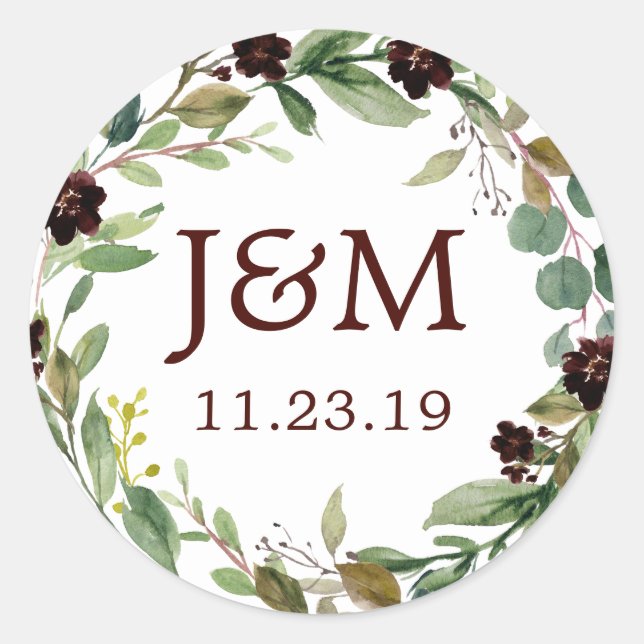Monogram Favor Stickers Greenery Burgundy (Front)