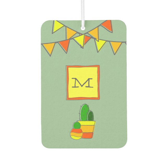 Monogram Festive Fiesta + Cute Hand-Drawn Cactus Air Freshener (Front)