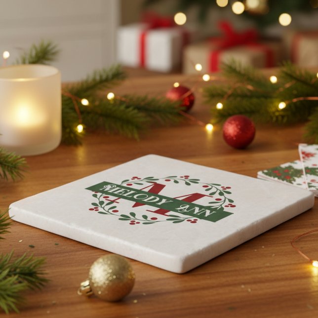 Monogram Festive Holiday Marble Trivet (Personalized Monogram Marble Holiday Trivet)