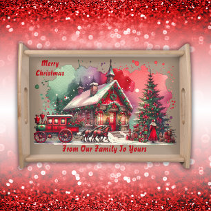 Monogram Festive Vintage Christmas on brown   Serving Tray