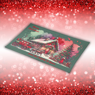 Monogram Festive Vintage Christmas on green Cloth Placemat