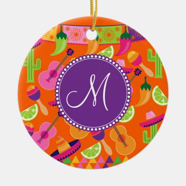 Monogram Fiesta Party Sombrero Cactus Limes Pepper Ceramic Ornament (Front)
