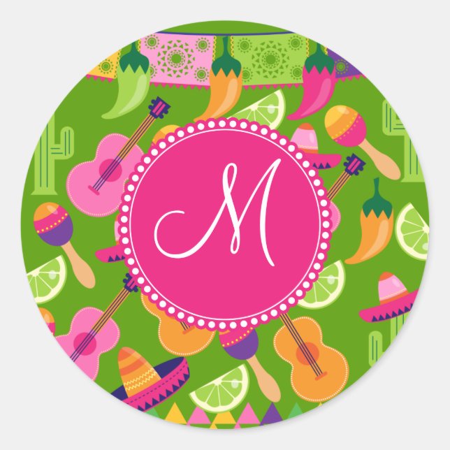 Monogram Fiesta Party Sombrero Cactus Limes Pepper Classic Round Sticker (Front)