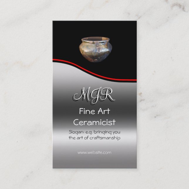 Monogram, Fine Art Ceramicist, red swoosh Business Card (Front)
