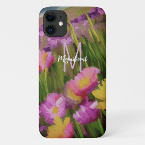 Monogram Fine Art Watercolor Wildflowers At Dusk iPhone 11 Case