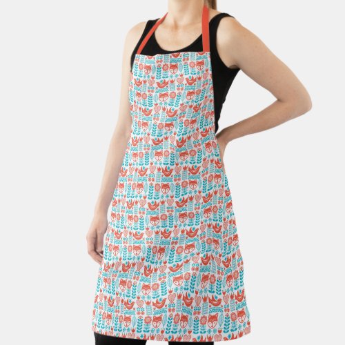 Monogram  Finnish Fox  Bird Folk Art Pattern Apron