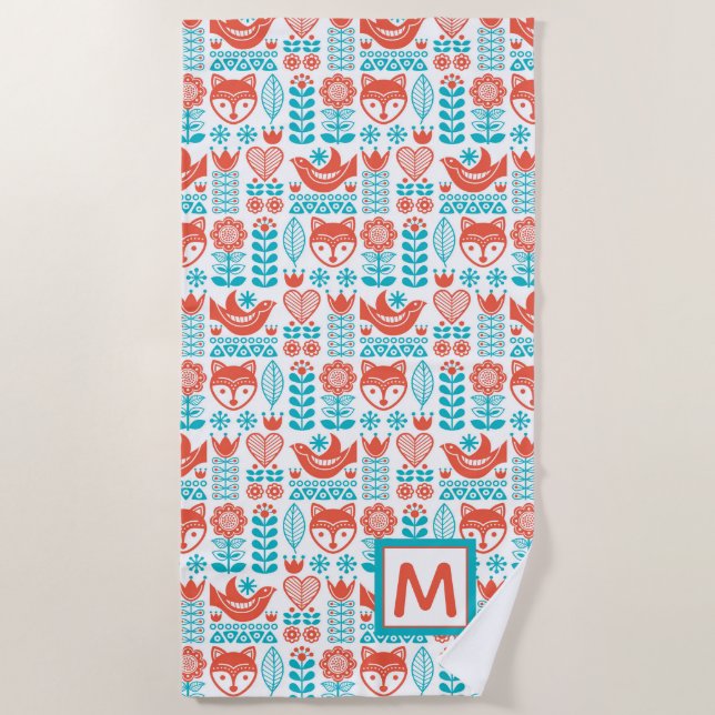 Monogram | Finnish Fox & Bird Folk Art Pattern Beach Towel (Front)