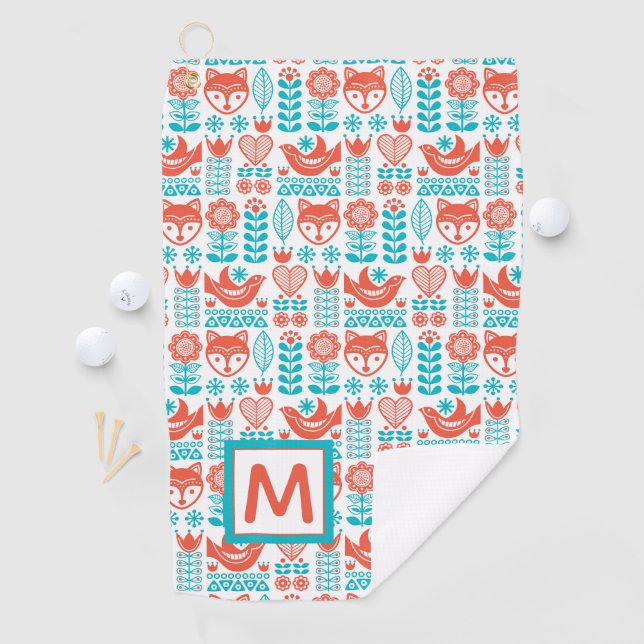 Monogram | Finnish Fox & Bird Folk Art Pattern Golf Towel (InSitu)