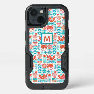 Monogram Finnish Fox & Bird Folk Art Pattern iPhone 13 Case