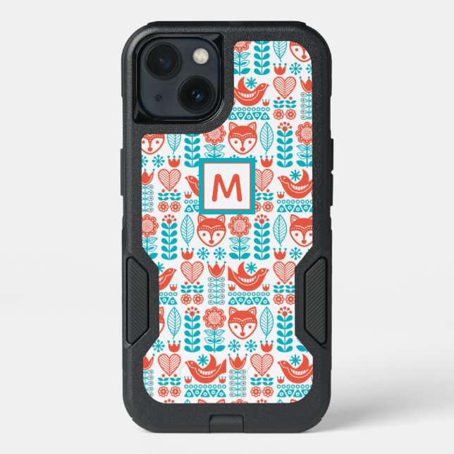 Monogram | Finnish Fox & Bird Folk Art Pattern Otterbox iPhone Case (Back)