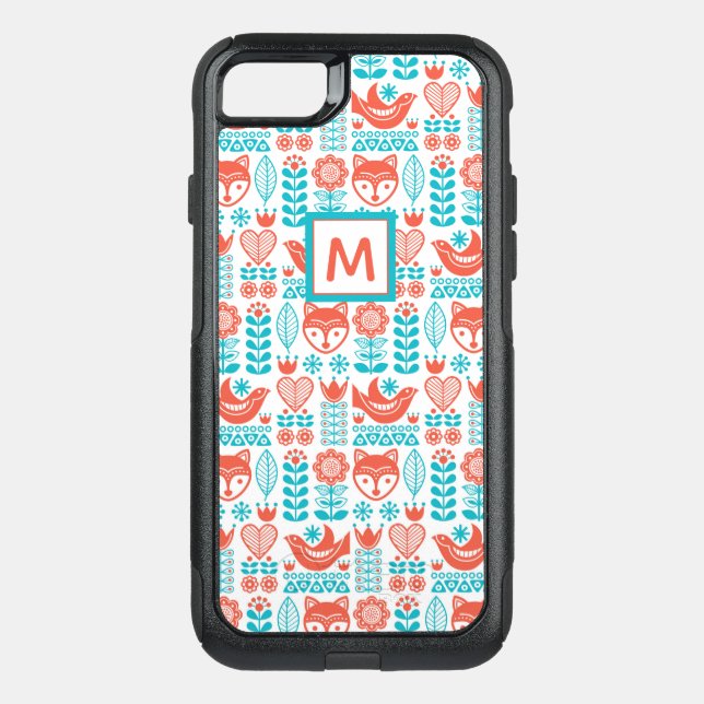 Monogram | Finnish Fox & Bird Folk Art Pattern Otterbox iPhone Case (Back)