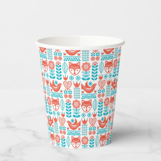 Monogram | Finnish Fox & Bird Folk Art Pattern Paper Cups (Left)