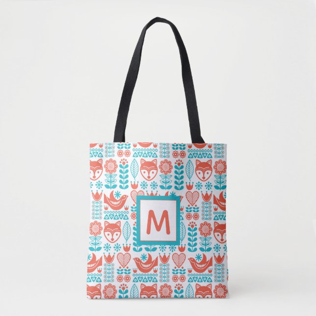 Monogram | Finnish Fox & Bird Folk Art Pattern Tote Bag (Front)