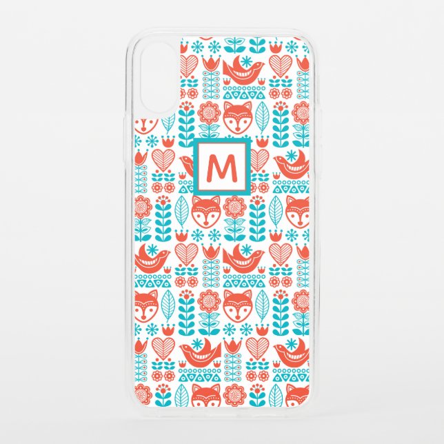 Monogram | Finnish Fox & Bird Folk Art Pattern Uncommon iPhone Case (Back)