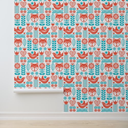 Monogram  Finnish Fox  Bird Folk Art Pattern Wallpaper