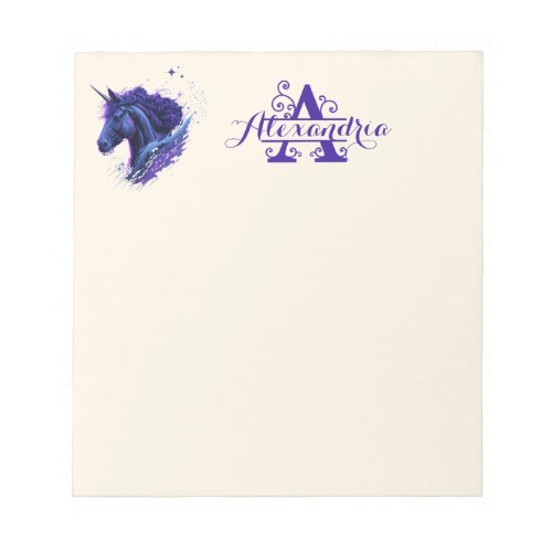 Monogram First Name Blue Purple Unicorn Magic Notepad
