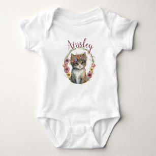 Monogram First Name Cute Boho Watercolor Cat Baby Bodysuit