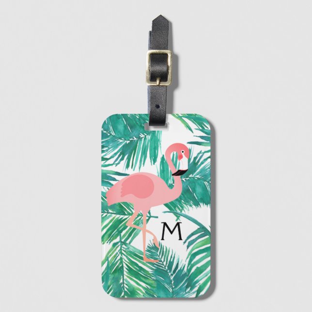 monogram flamingo design on tropical leaves luggage tag (Front Vertical)