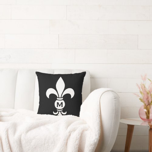 Monogram Fleur De Lis Modern Simple Black  White Throw Pillow