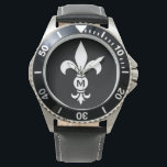 Monogram Fleur De Lis Modern Simple Black & White Watch<br><div class="desc">Fleur De Lis Monogram Men's Water Resistant Watch - Stainless Steel and Leather - Personalize with your initial or delete if desired. The fleur-de-lis or fleur-de-lys is a stylized lily, iris or lotus flower and is a traditional symbol of royalty. Stylish black and white modern design with personalized initial is...</div>