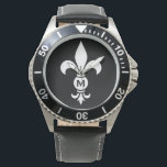 Monogram Fleur De Lis Modern Simple Black & White Watch<br><div class="desc">Fleur De Lis Monogram Men's Water Resistant Watch - Stainless Steel and Leather - Personalize with your initial or delete if desired. The fleur-de-lis or fleur-de-lys is a stylized lily, iris or lotus flower and is a traditional symbol of royalty. Stylish black and white modern design with personalized initial is...</div>