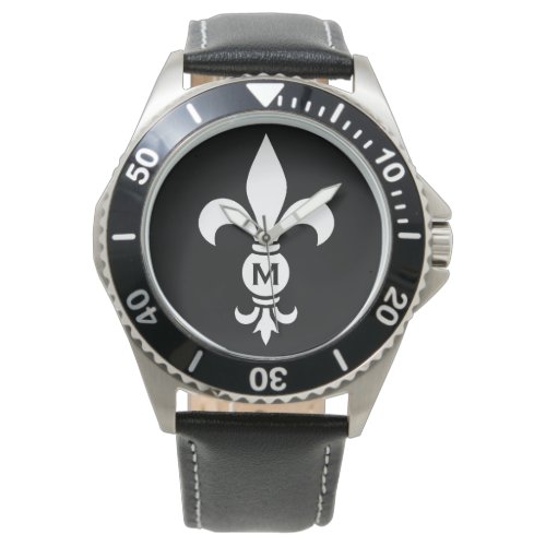 Monogram Fleur De Lis Modern Simple Black  White Watch