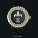 Monogram Fleur De Lis Modern Simple Black & White Watch<br><div class="desc">Fleur De Lis Monogram Women's Black Enamel Bracelet Watch with Rhinestones - Personalize with your initial or delete if desired. The fleur-de-lis or fleur-de-lys is a stylized lily, iris or lotus flower and is a traditional symbol of royalty. Stylish black and white modern design with personalized initial is sophisticated, elegant...</div>