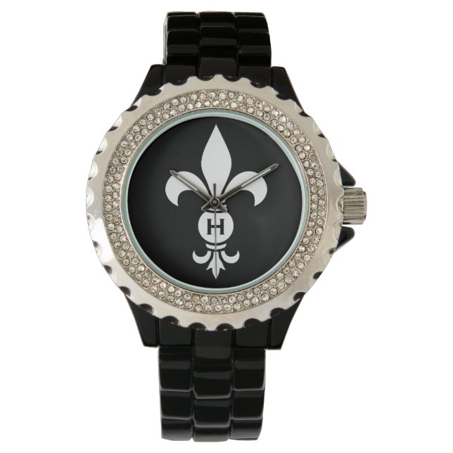 Monogram Fleur De Lis Modern Simple Black & White Watch (Front)