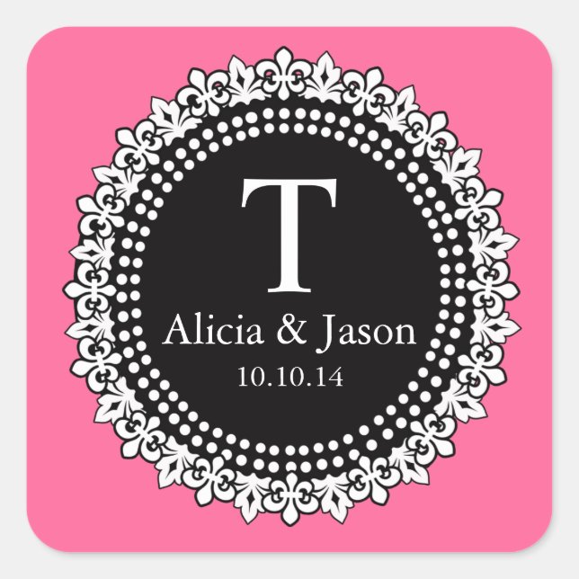 Monogram Fleur de Lis Wedding Favor Sticker Pink (Front)