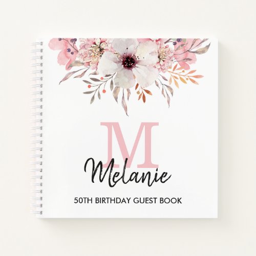 Monogram Floral 50th Birthday Party Guest Book 