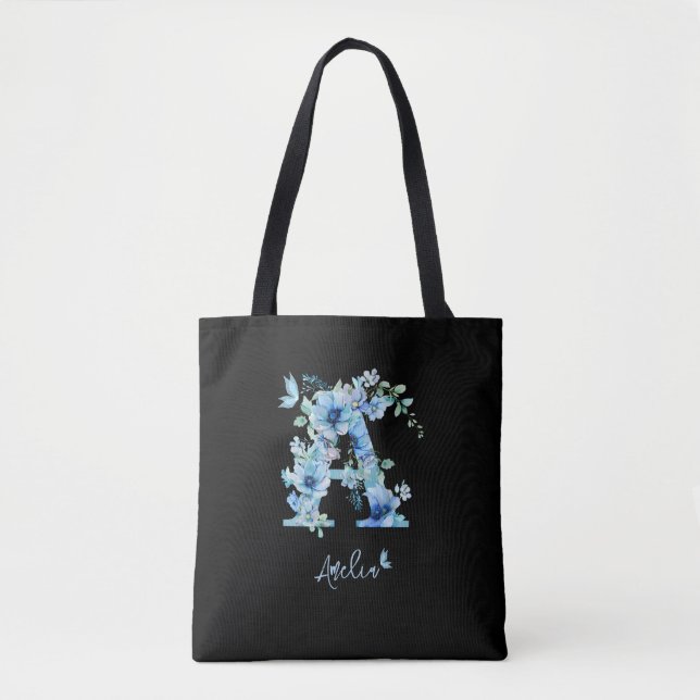 Monogram Floral Alphabet A Personalize Customize Tote Bag (Front)