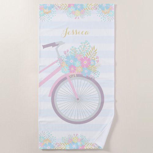 Monogram Floral Bicycle Stripes Pastel Pink Blue Beach Towel