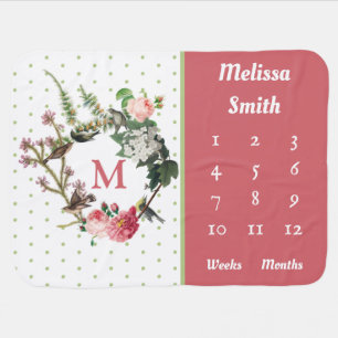 Monogram Floral & Bird Wreath Polka Dots Milestone Baby Blanket