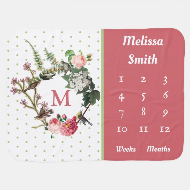 Monogram Floral & Bird Wreath Polka Dots Milestone Baby Blanket (Horizontal)
