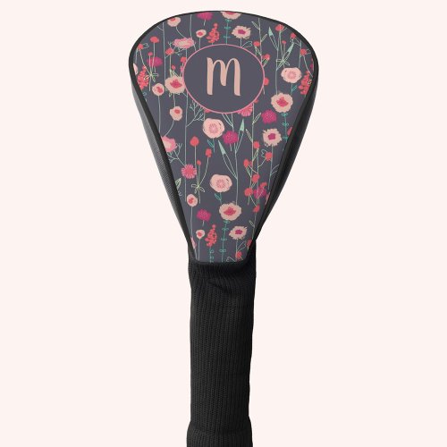 Monogram Floral Black Pink Boho Golf Head Cover