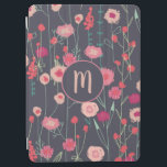 Monogram Floral Black Pink iPad Air Cover<br><div class="desc">Painting of wildflowers I saw by a wall in Plymouth. 
Pretty boho loose pink floral painting on a dark gray background.
Change the monogram initial to customize.</div>