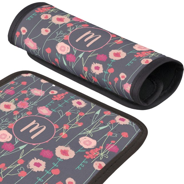 Monogram Floral Black Pink Luggage Handle Wrap (Modern dark wildflower floral monogram initial personalized art luggage handle wrap)