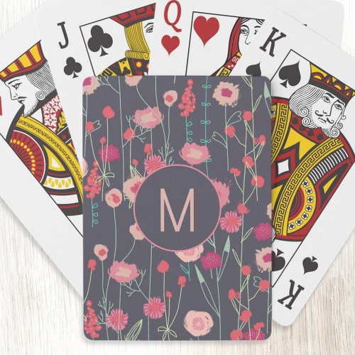 Monogram Floral Black Pink Poker Cards